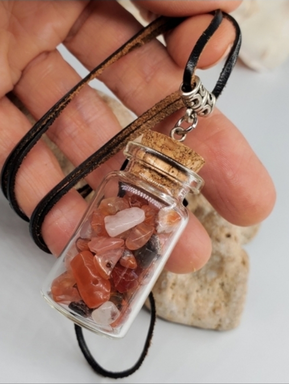 ❤️ Spiritual Pendant Healing Genuine Stones Carnelian Leather Boho Jewelry